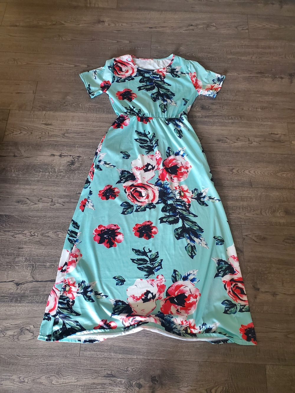 Aqua Floral Maxi Dress with Pink & Navy Blooms